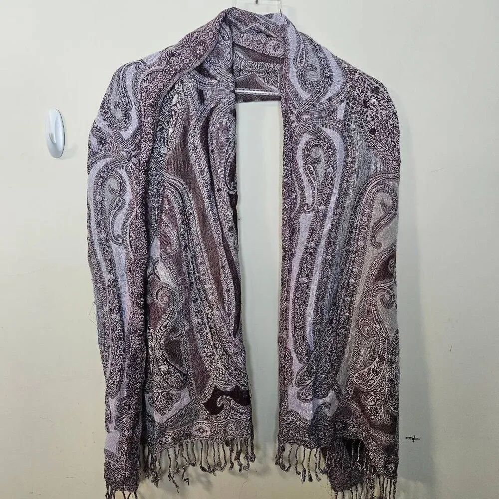 Collection 18 Paisley Print Woven Scarf Wrap W Fringe Lavender Beige Brown Rayon